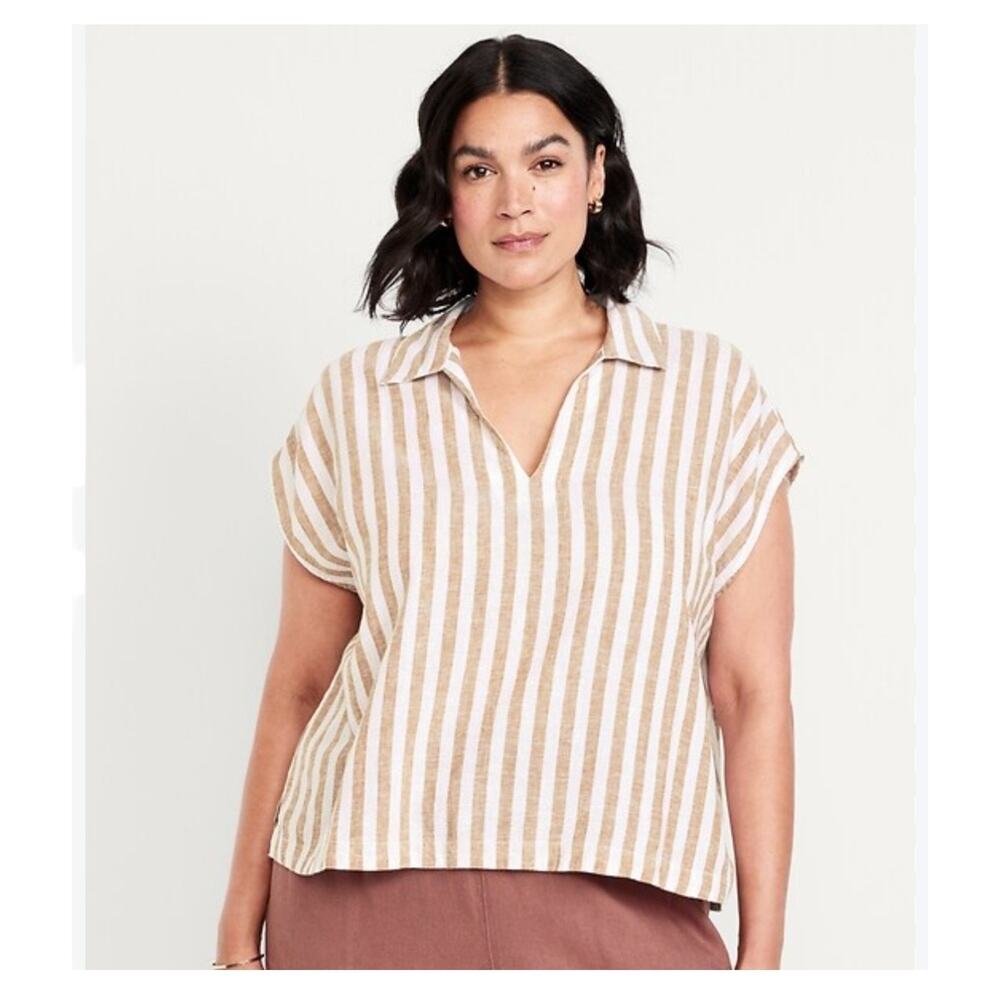 Old Navy Linen Blend Cropped Pop Over Top 2x Brown White Stripe Collar